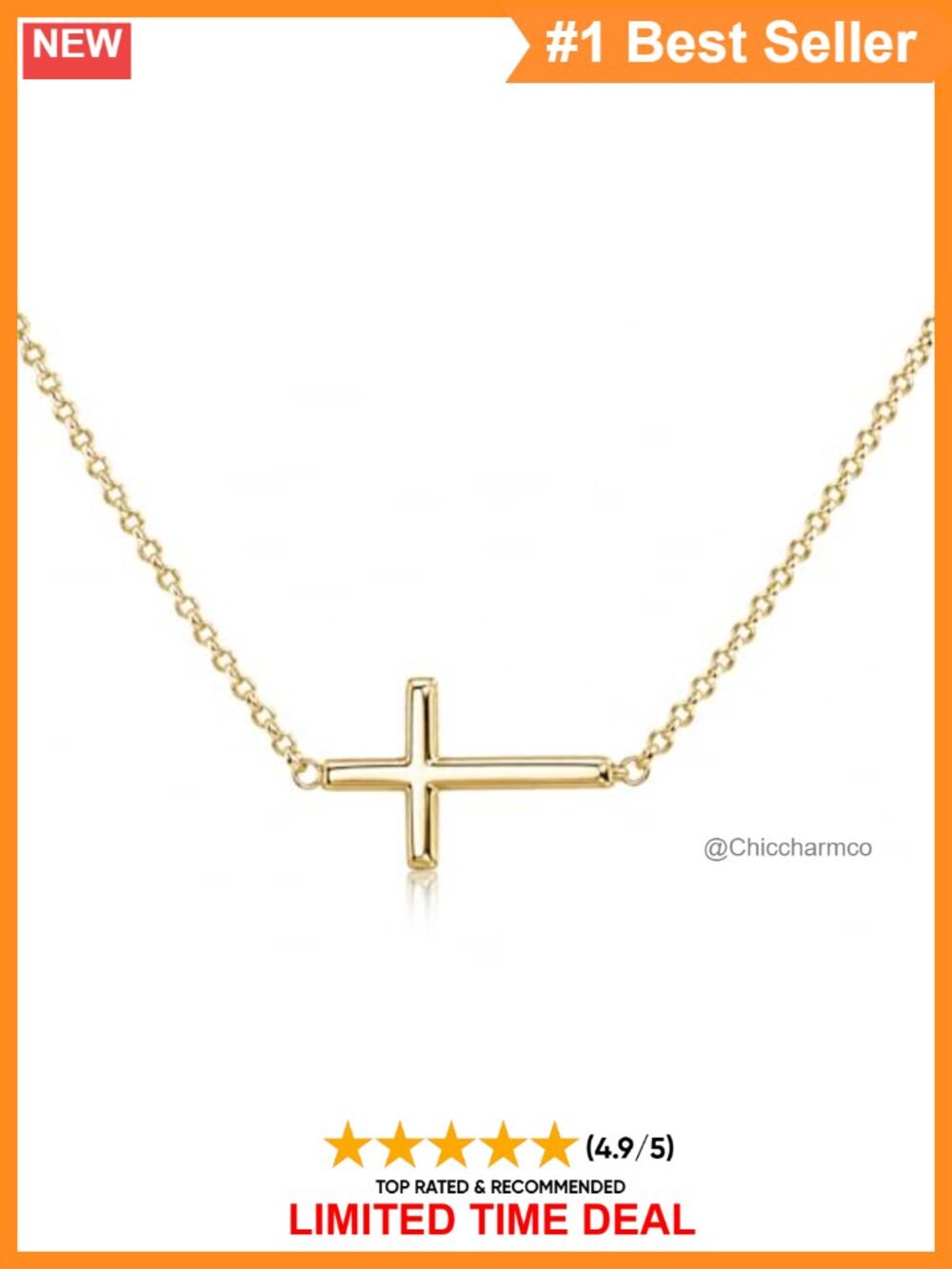 14k Gold Plated Sterling Silver Horizontal Cross Necklace Adjustable Chain